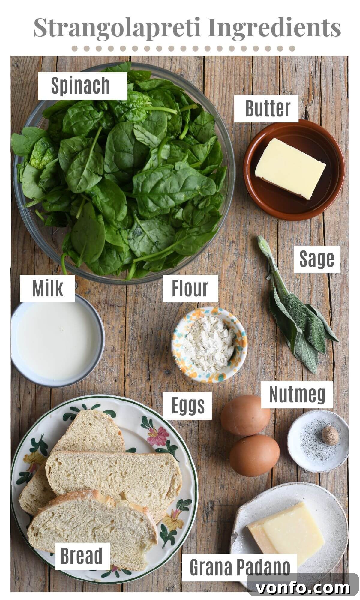 Strangolapreti: Priest Strangler Bread and Spinach Dumplings 3 An overhead shot of all the ingredients needed to make Strangolapreti.
