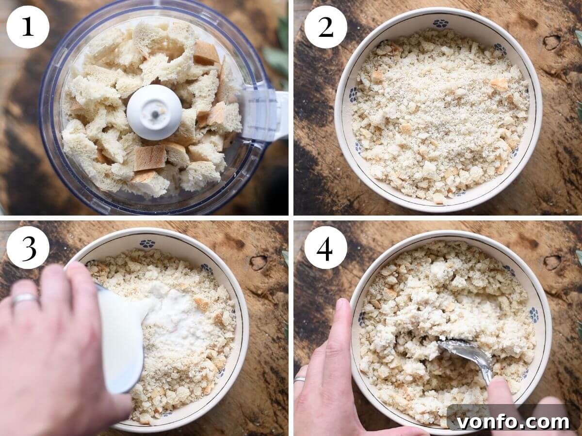 Strangolapreti: Priest Strangler Bread and Spinach Dumplings 4 Four photos in a collage showing how to make breadcrumbs soaked in milk.
