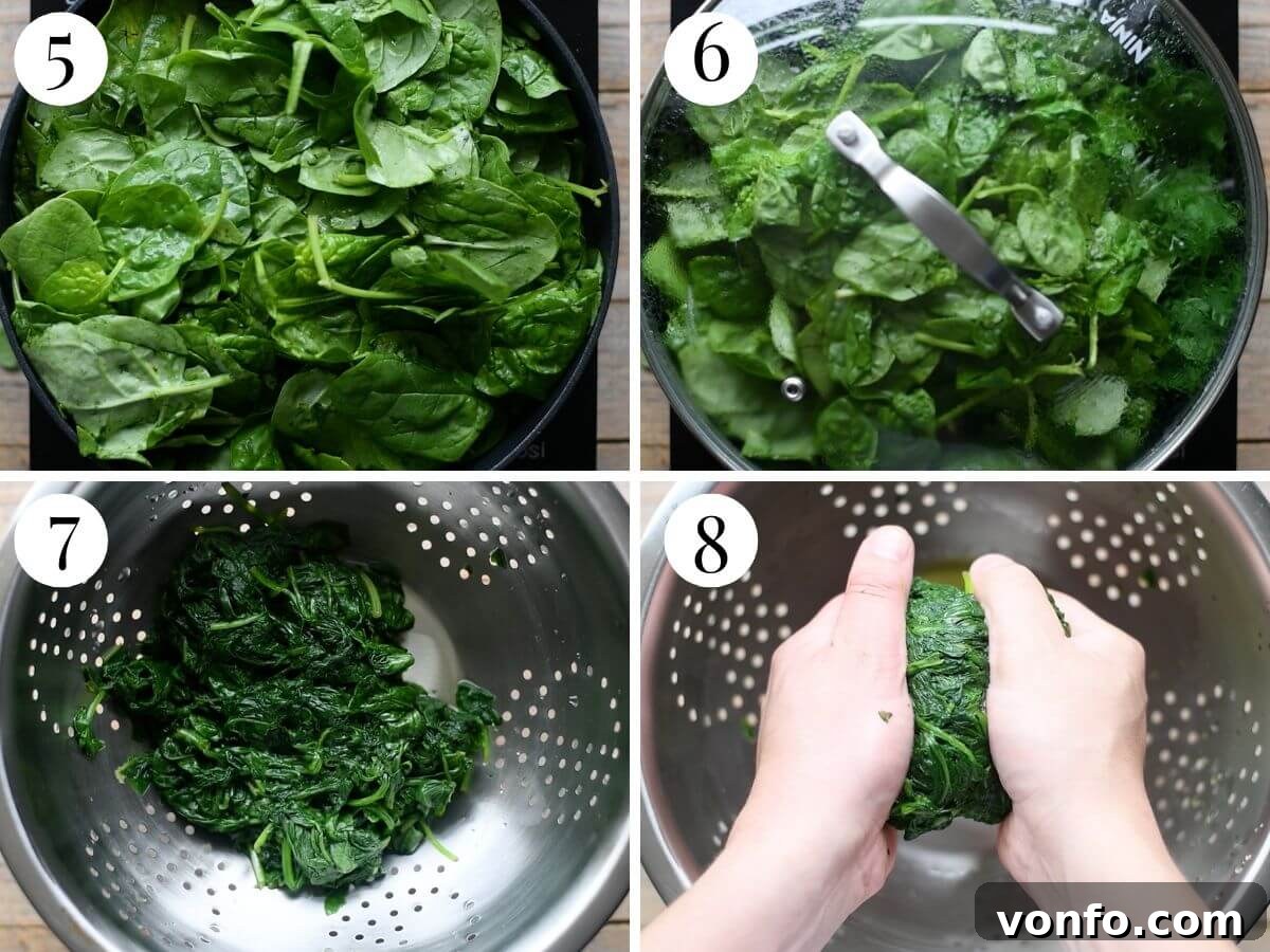 Strangolapreti: Priest Strangler Bread and Spinach Dumplings 5 Four photos in a collage showing how to wilt spinach.