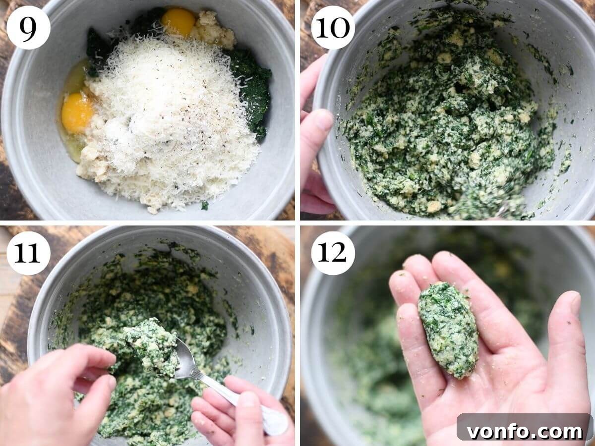 Strangolapreti: Priest Strangler Bread and Spinach Dumplings 6 Four photos in a collage showing how to make Italian bread dumplings.