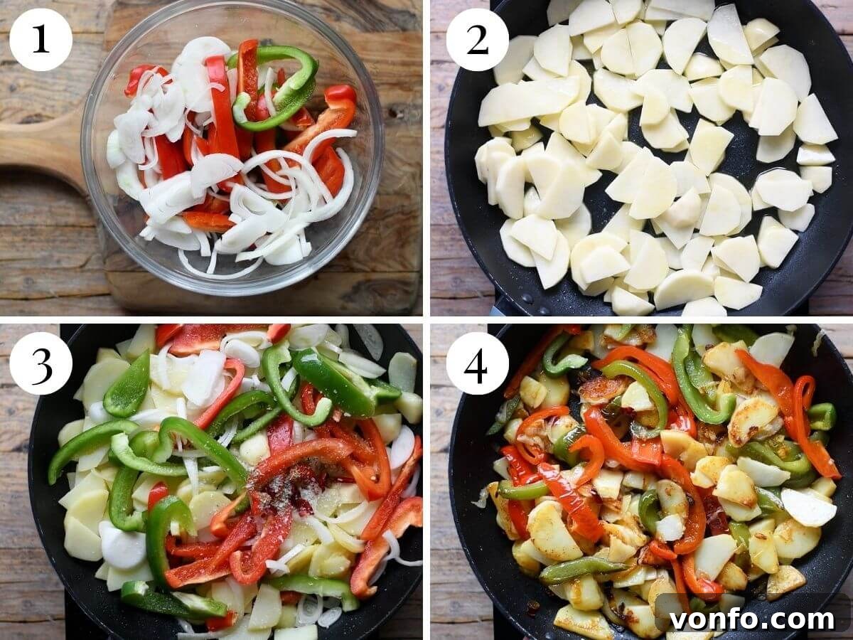 Four photos in a collage showing the step-by-step process of how to make Italian Pipi e Patati, from prepping vegetables to sautéing.