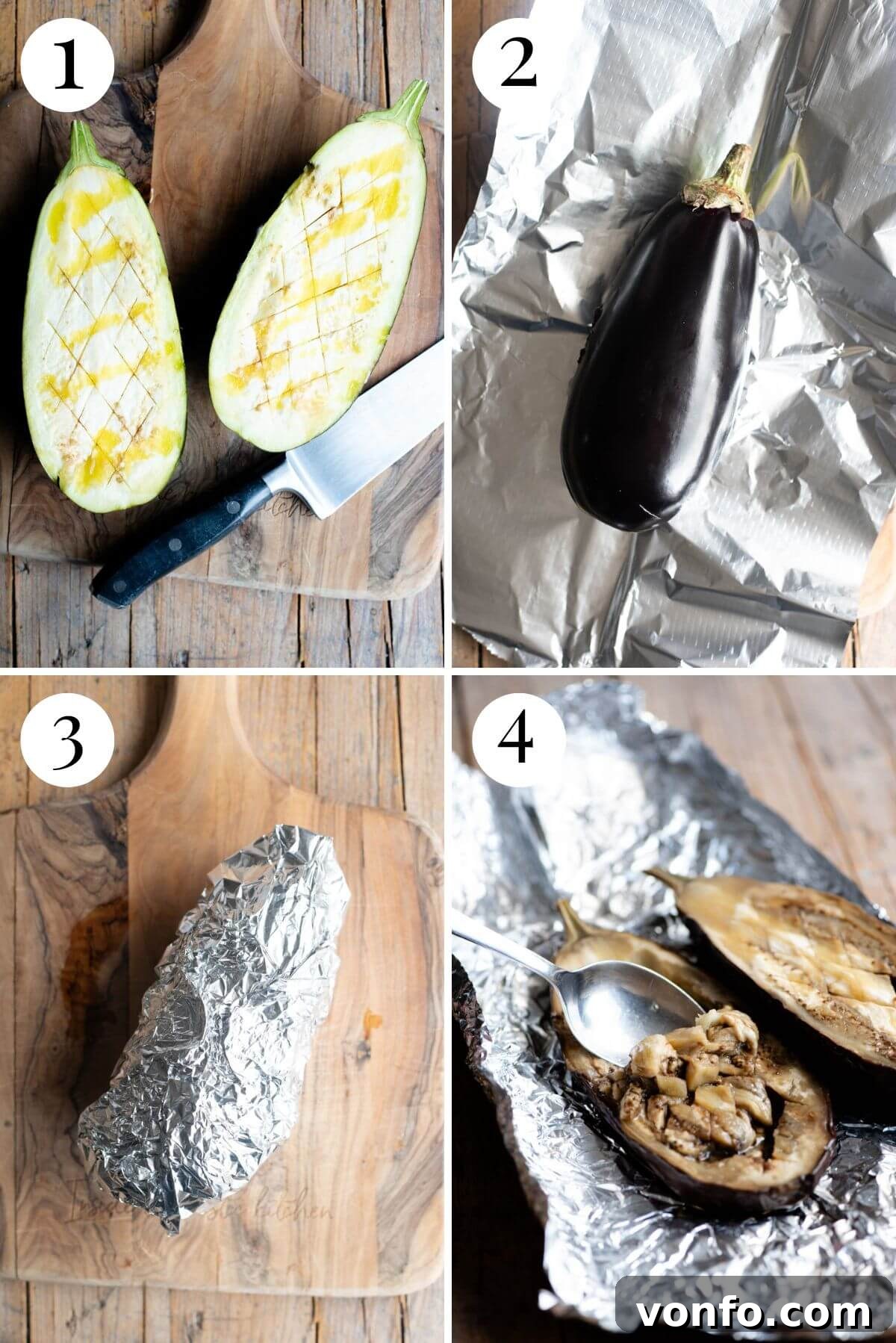 Four photos in a collage showing the step-by-step process of how to roast a whole eggplant for Ajvar: cutting, scoring, oiling, and wrapping in foil.