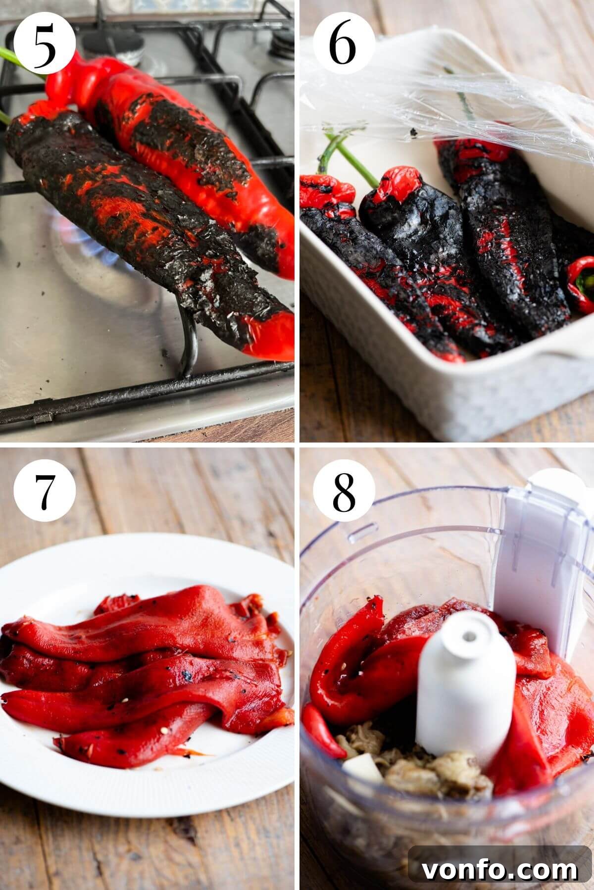 Four photos in a collage demonstrating how to char red peppers on a gas flame and then prepare them for skin removal by covering them.
