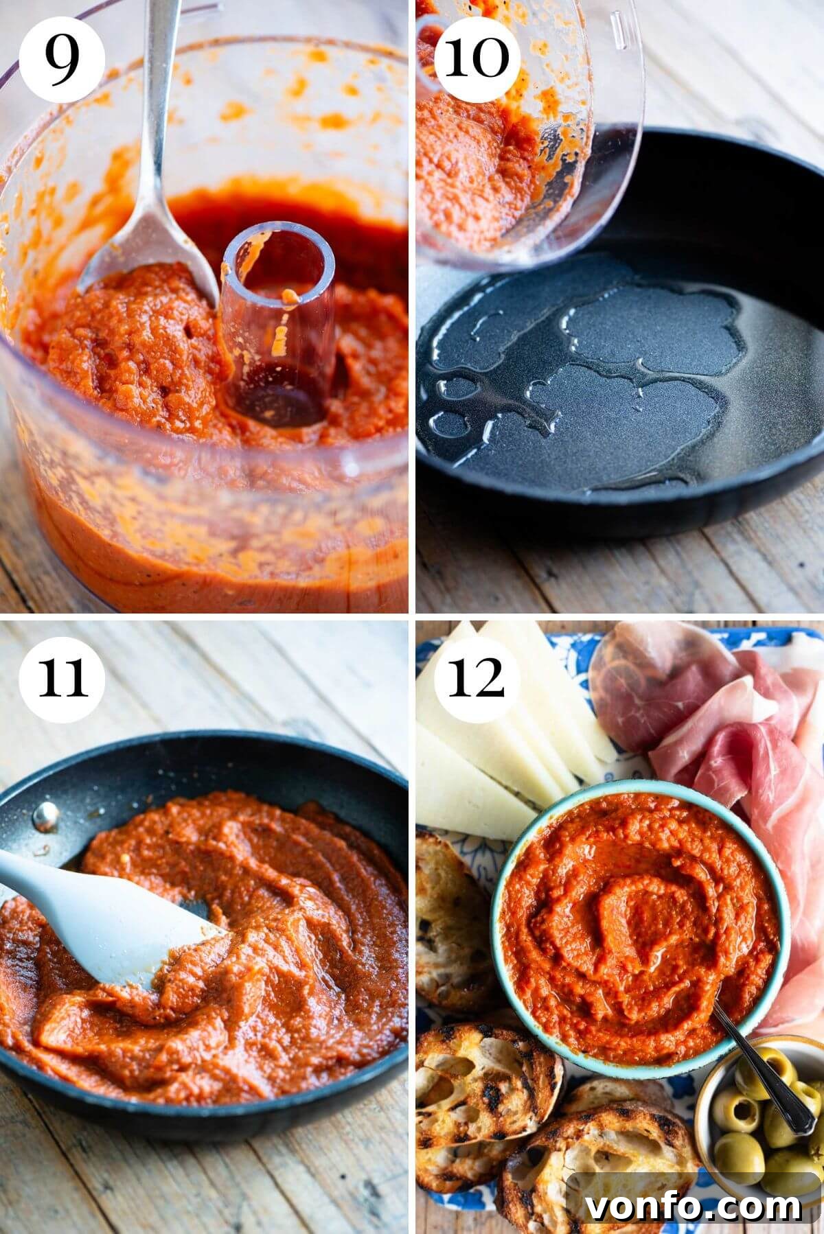 Four photos in a collage illustrating the final stages of making Ajvar dip: peeling charred peppers, combining ingredients in a food processor, and blitzing.