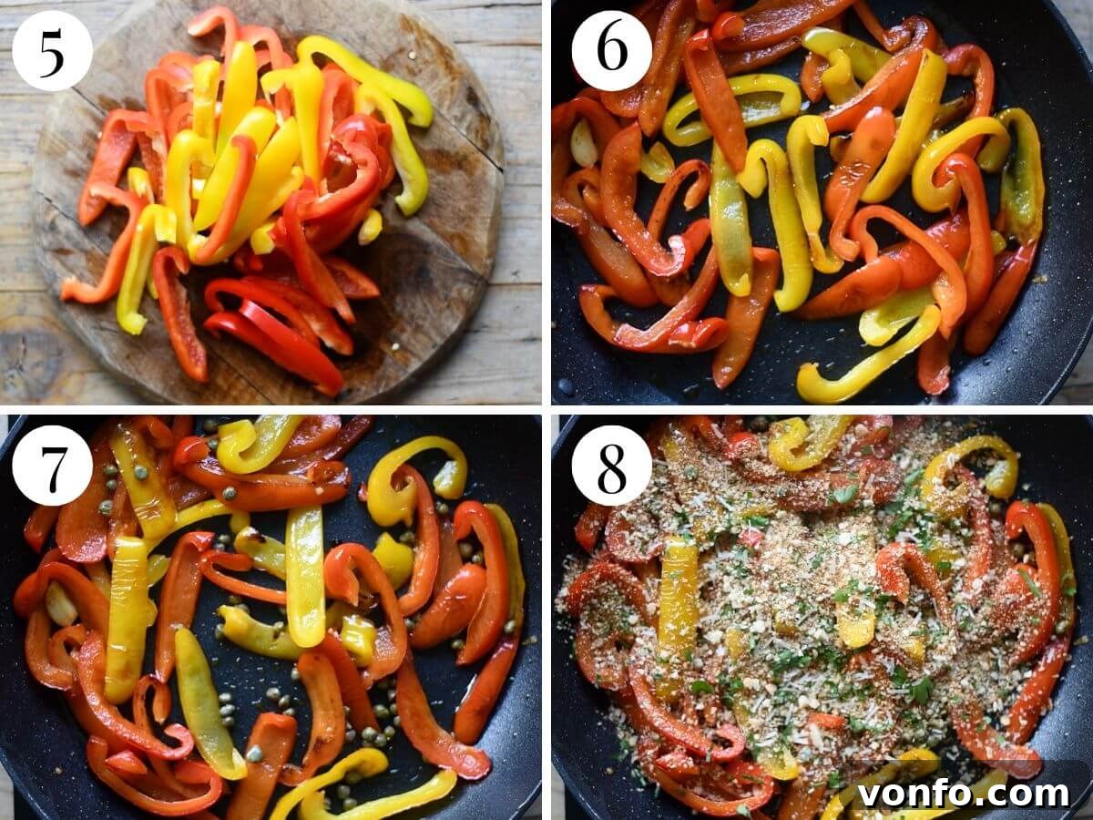 Rustic Peppers and Crispy Breadcrumbs 5 Four photos in a collage showing the process of slowly sautéing bell peppers until soft and tender.