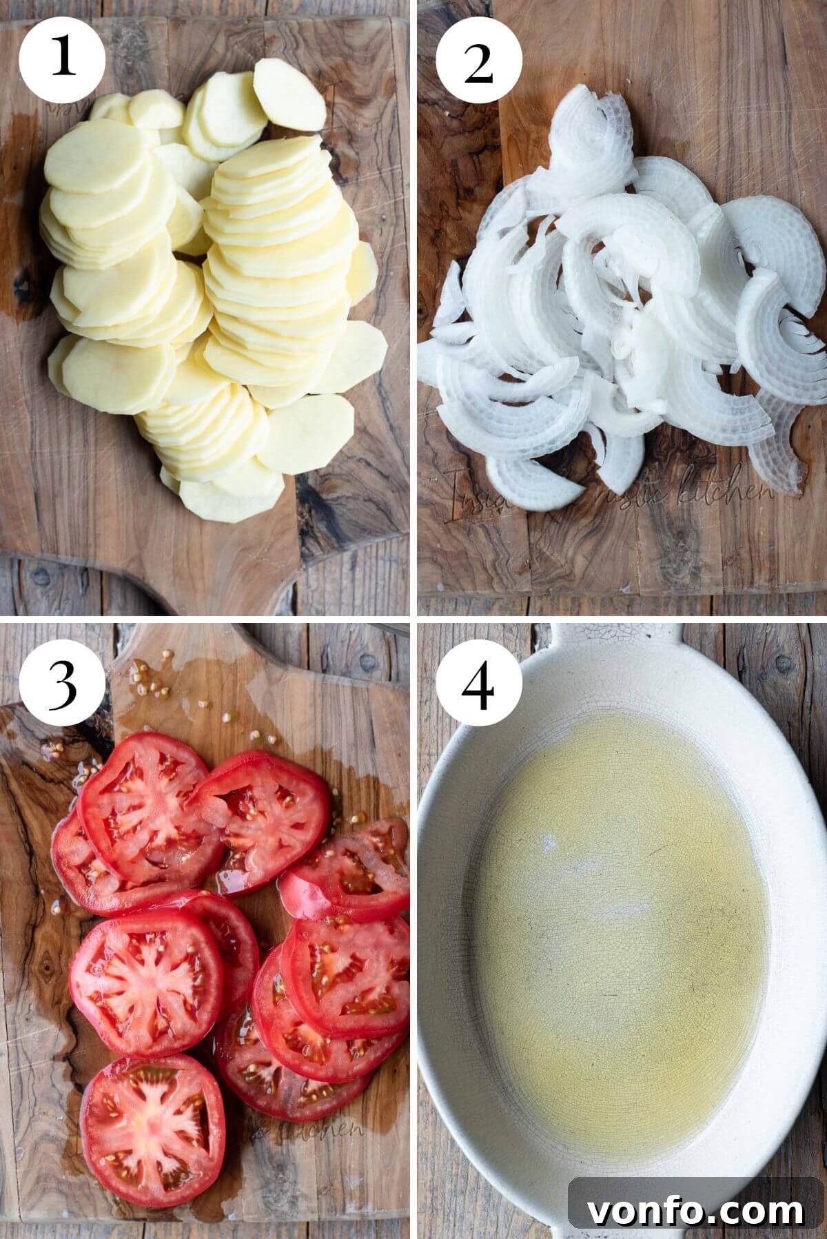 Southern Italian Potato Gratin 4 A four-photo collage demonstrating the initial preparation steps for Patate alla Lucana, showing how to peel and thinly slice potatoes, onions, and tomatoes.