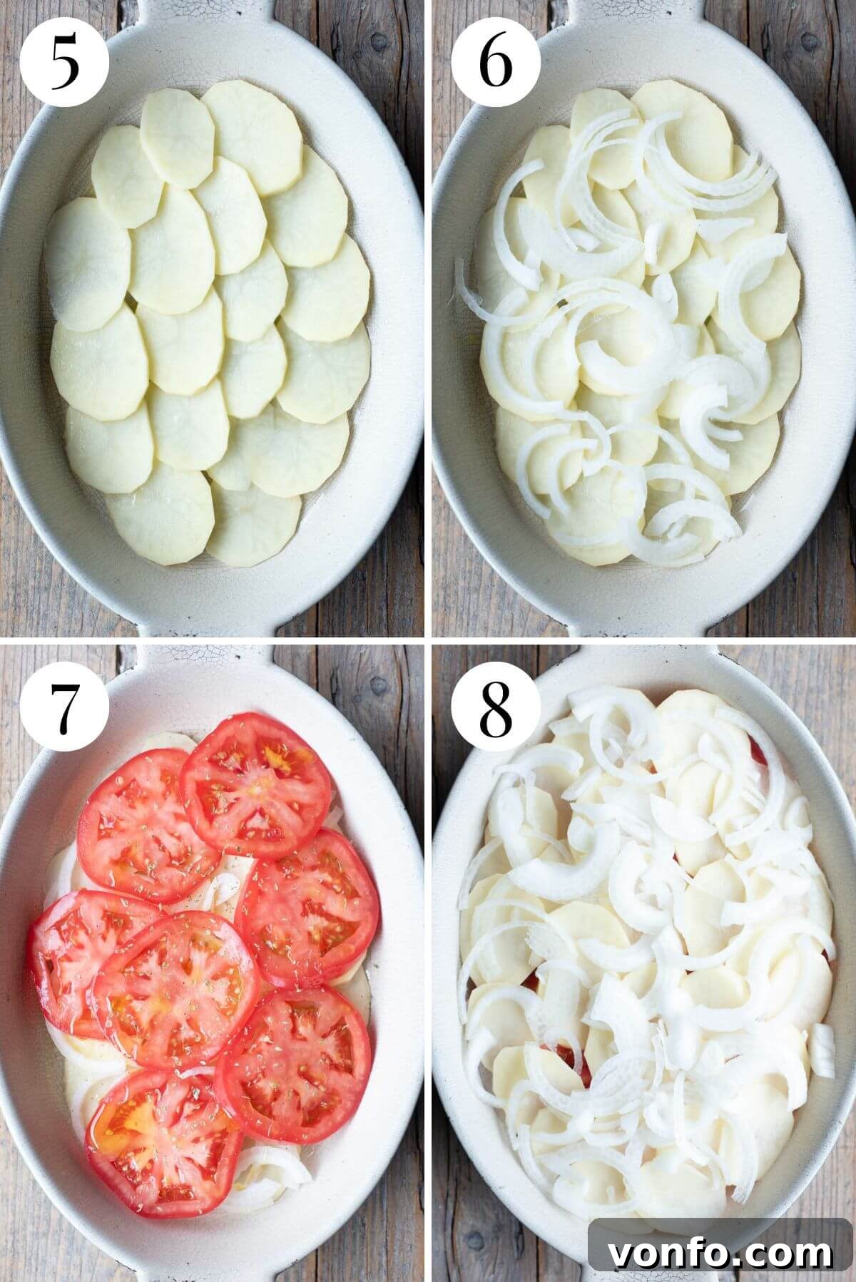 Southern Italian Potato Gratin 5 A four-photo collage illustrating the layering process for an Italian potato and tomato gratin, showing the arrangement of potatoes, onions, tomatoes, and seasoning.