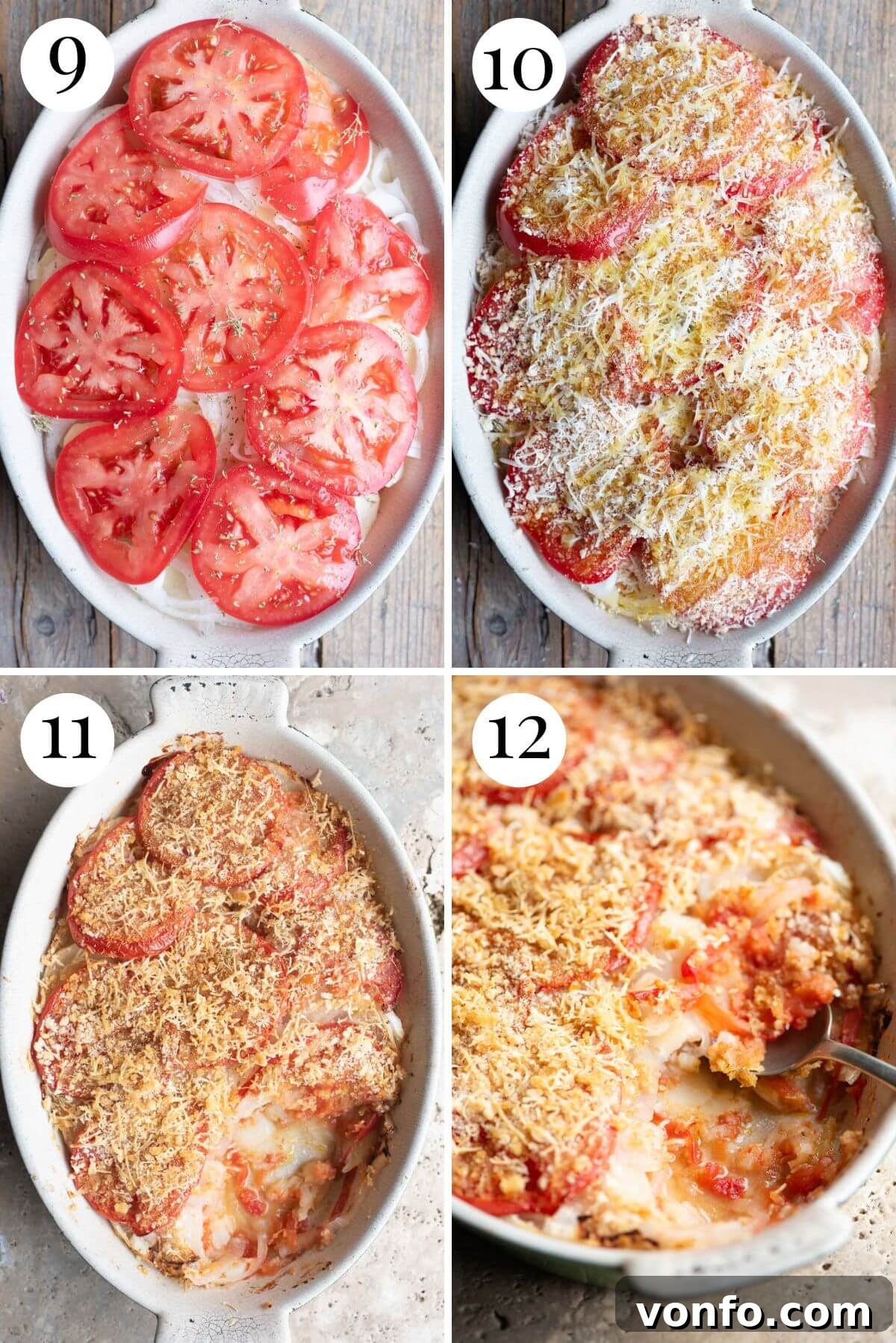 Southern Italian Potato Gratin 6 A four-photo collage demonstrating the final stages of preparing Patate alla Lucana, showing the addition of breadcrumbs and Pecorino, followed by the golden-baked gratin in the oven and ready to serve.