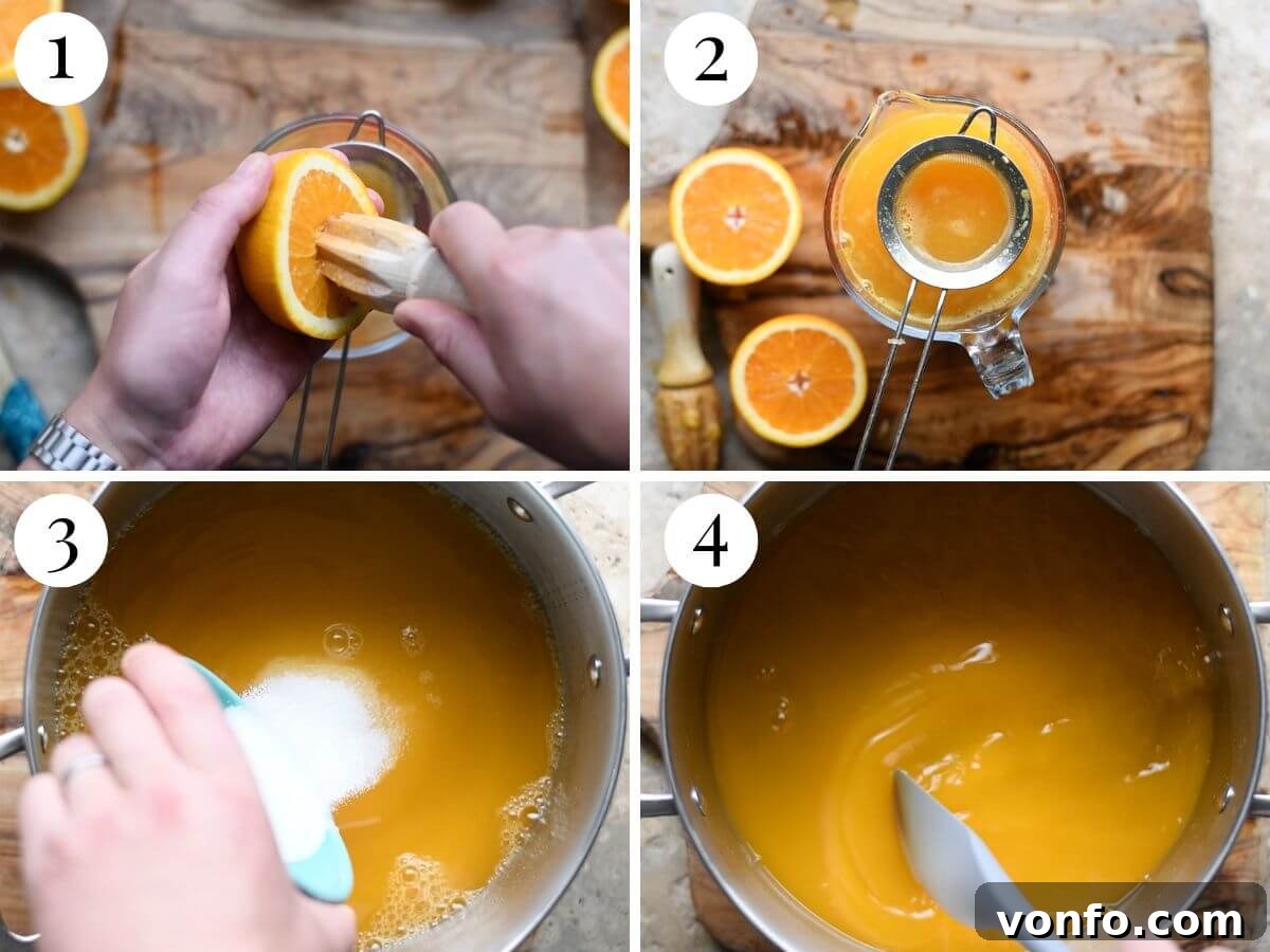 Effortless Orange Sorbet 4 A four-photo collage showing the process of juicing oranges and preparing a sugar syrup for sorbet.