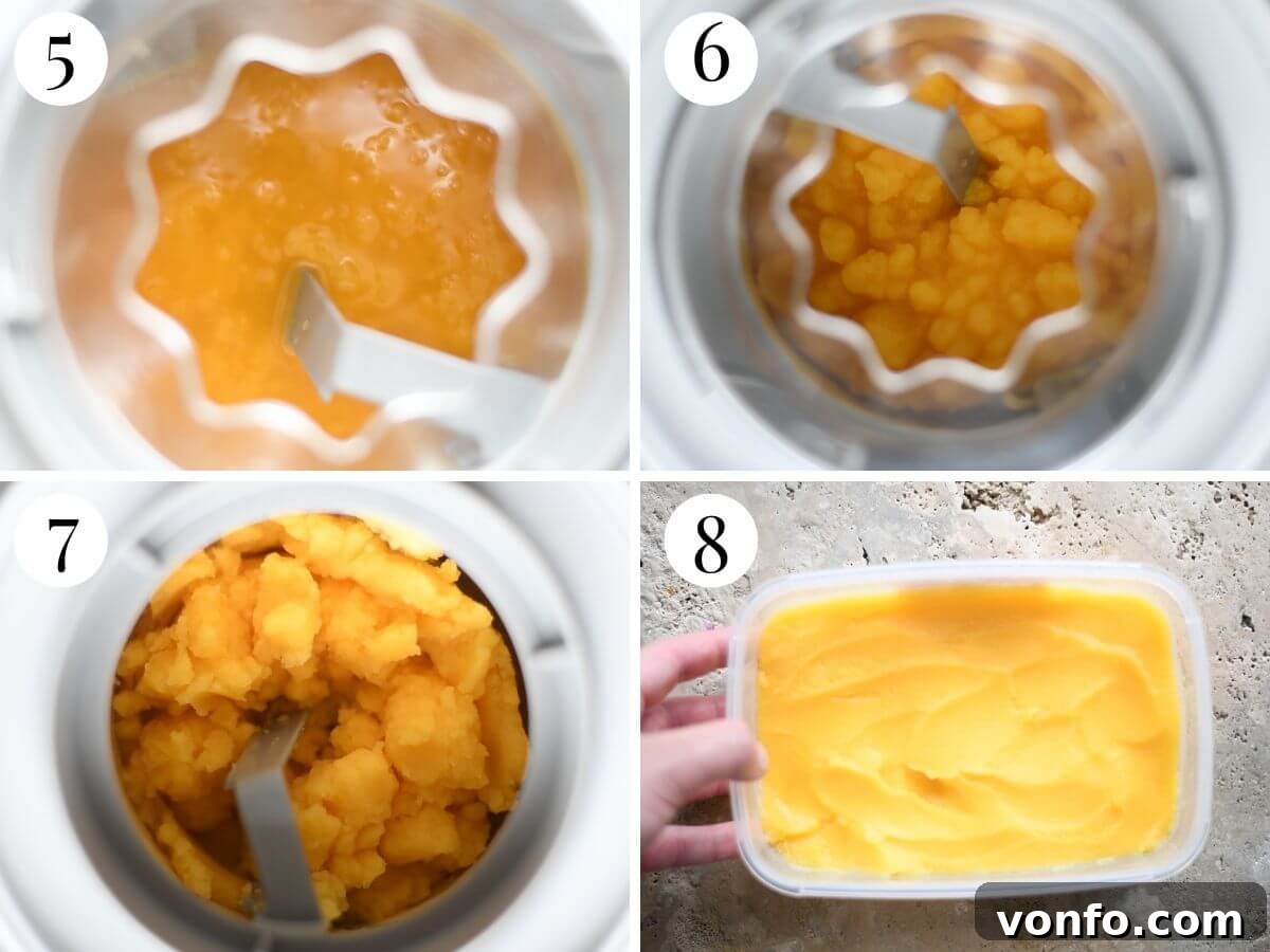 Effortless Orange Sorbet 5 A four-photo collage demonstrating the churning and freezing steps for homemade orange sorbet using an ice cream machine.