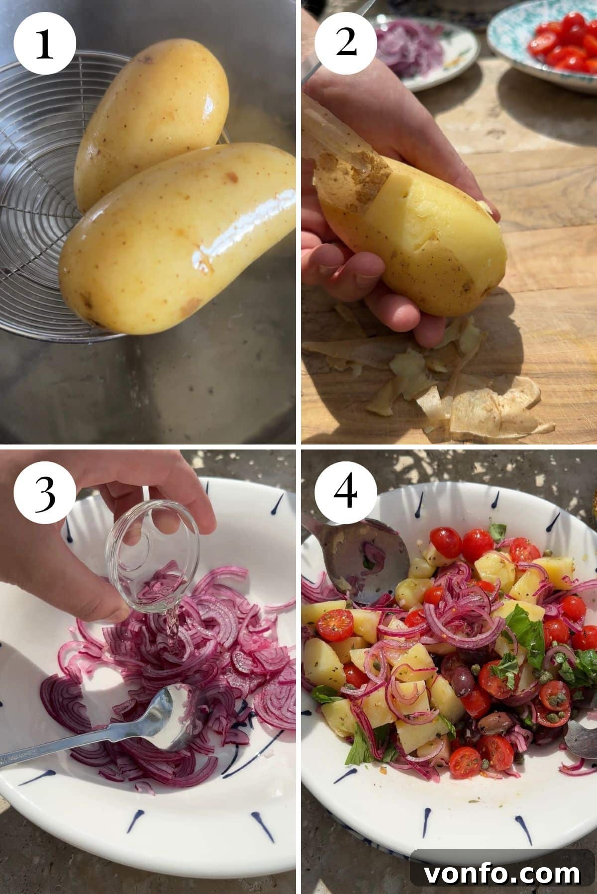 A four-photo collage illustrating the step-by-step process of making a Sicilian potato salad: boiling potatoes, slicing onion, combining ingredients, and the final dressed salad.