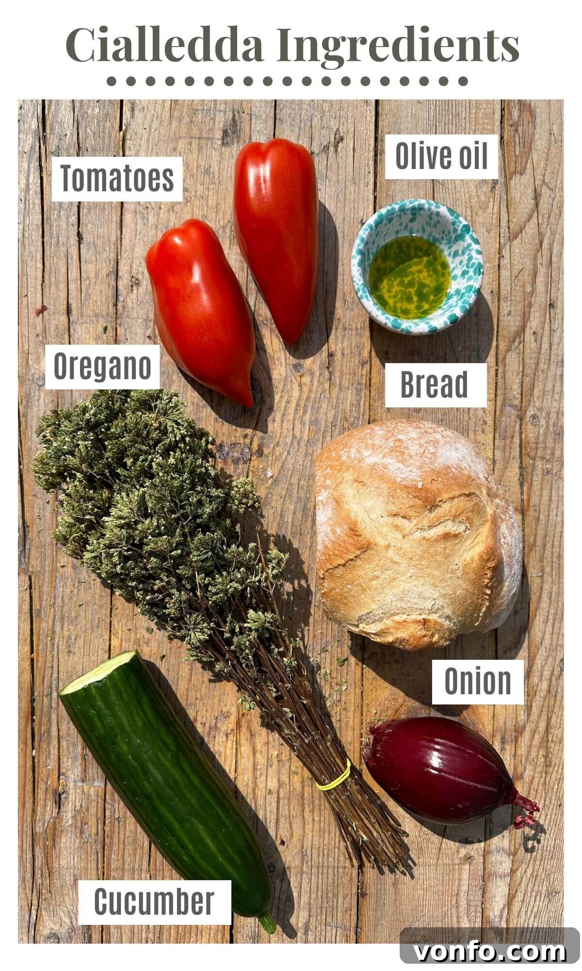 Rustic Southern Italian Cialledda Bread Salad 3 An overhead shot of all the ingredients needed to make a Cialledda bread salad.