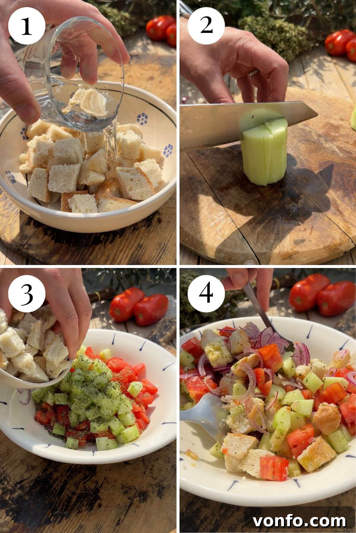 Rustic Southern Italian Cialledda Bread Salad 4 Four photos in a collage showing how to make a bread salad with tomato and cucumber.