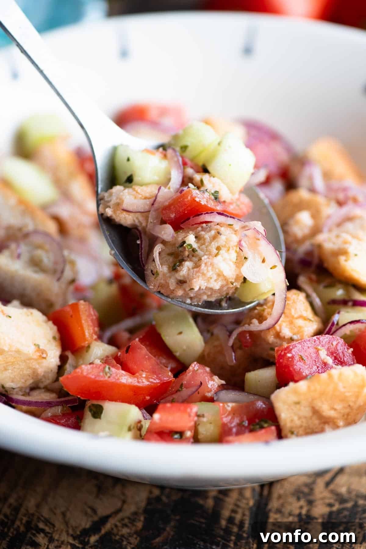 Rustic Southern Italian Cialledda Bread Salad 5 A close up of Cialledda salad with cucumber, tomatoes and bread on a serving spoon.