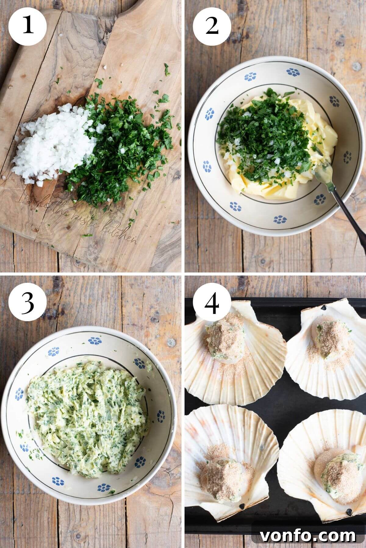 Golden Friulian Scallop Bake 4 A four-panel collage showing the preparation stages of scallop gratin, including finely chopping herbs, mixing butter, placing scallops in shells, and the final dish with a golden breadcrumb topping.