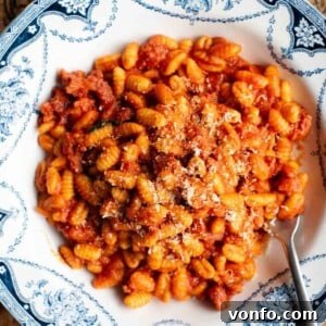 A close up cropped image of Malloreddus alla Campidanese (Sardinian Ragu).
