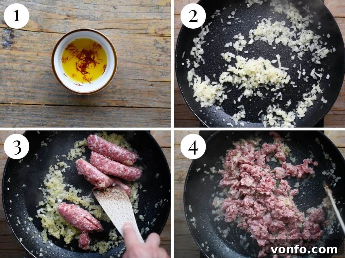 Four photos in a collage showing how to bloom saffrom and saute onions and sausages, demonstrating the initial steps of the Malloreddus alla Campidanese recipe.