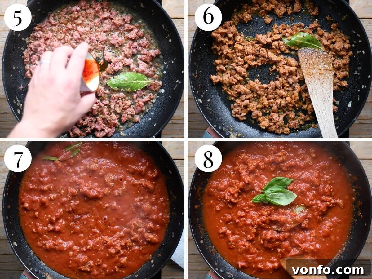Four photos in a collage showing how to make a sausage, saffron and tomato sauce, illustrating the middle stages of preparing the Sardinian ragu.