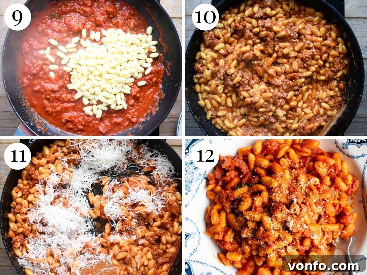 Four photos in a collage showing malloreddus pasta and pecorino getting added to the sauce, depicting the final steps of combining pasta with Sardinian ragu.