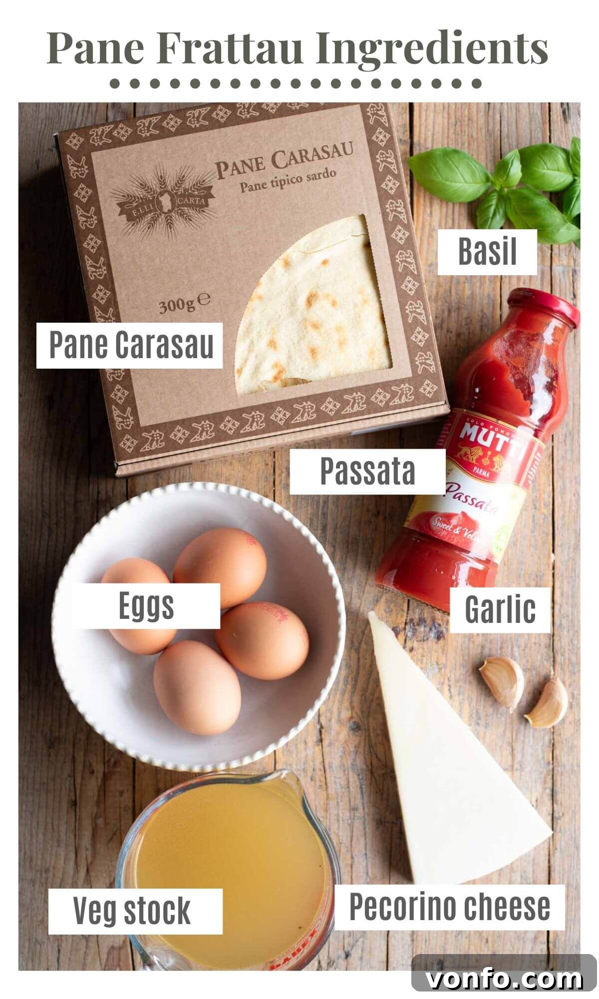 An overhead shot showcasing all the fresh and simple ingredients required to prepare a traditional Sardinian Pane Frattau, including Pane Carasau, tomatoes, basil, and cheese.