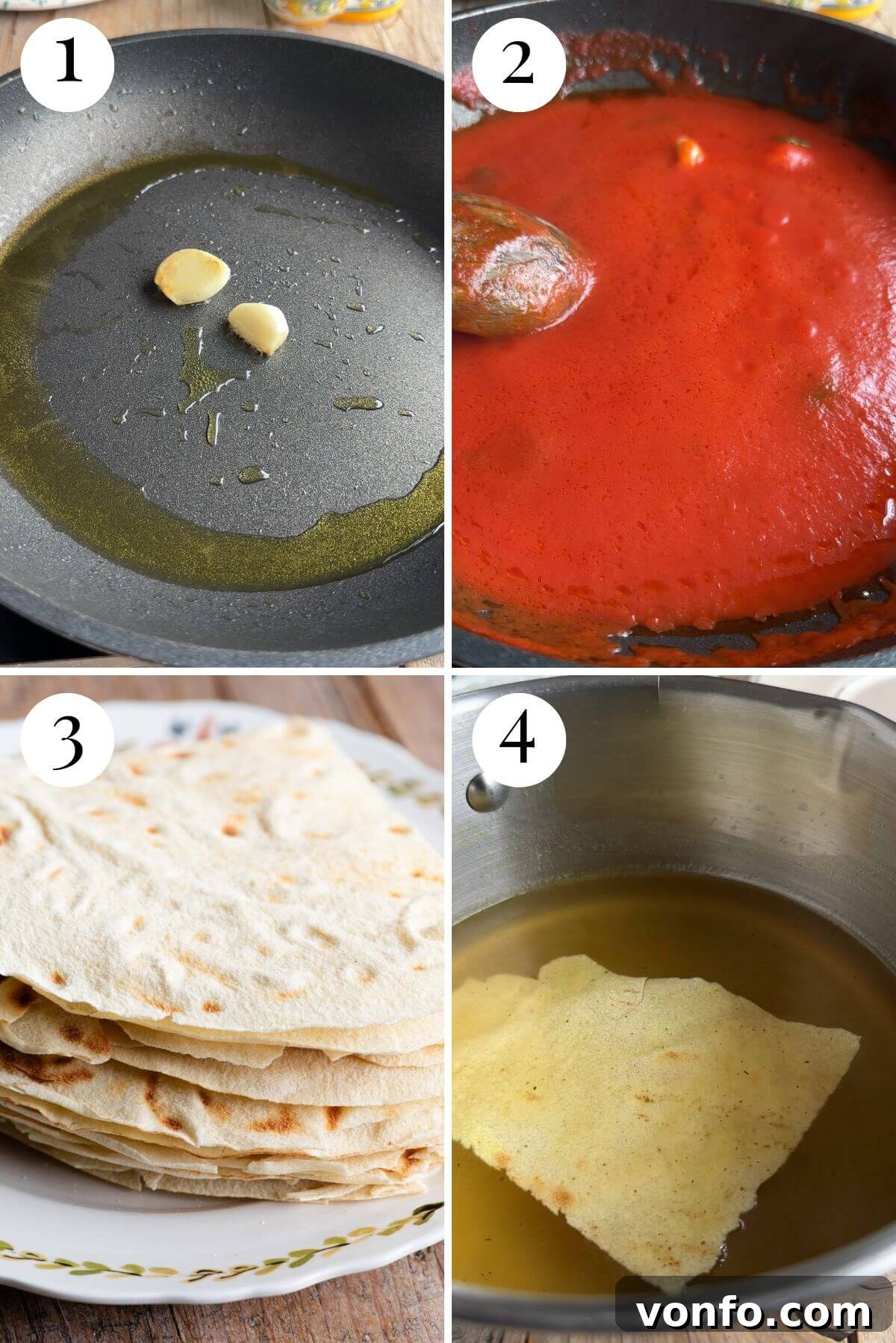 A four-panel collage showing the preparation of a simple tomato sauce from scratch and the essential rehydration process of Pane Carasau in warm stock.