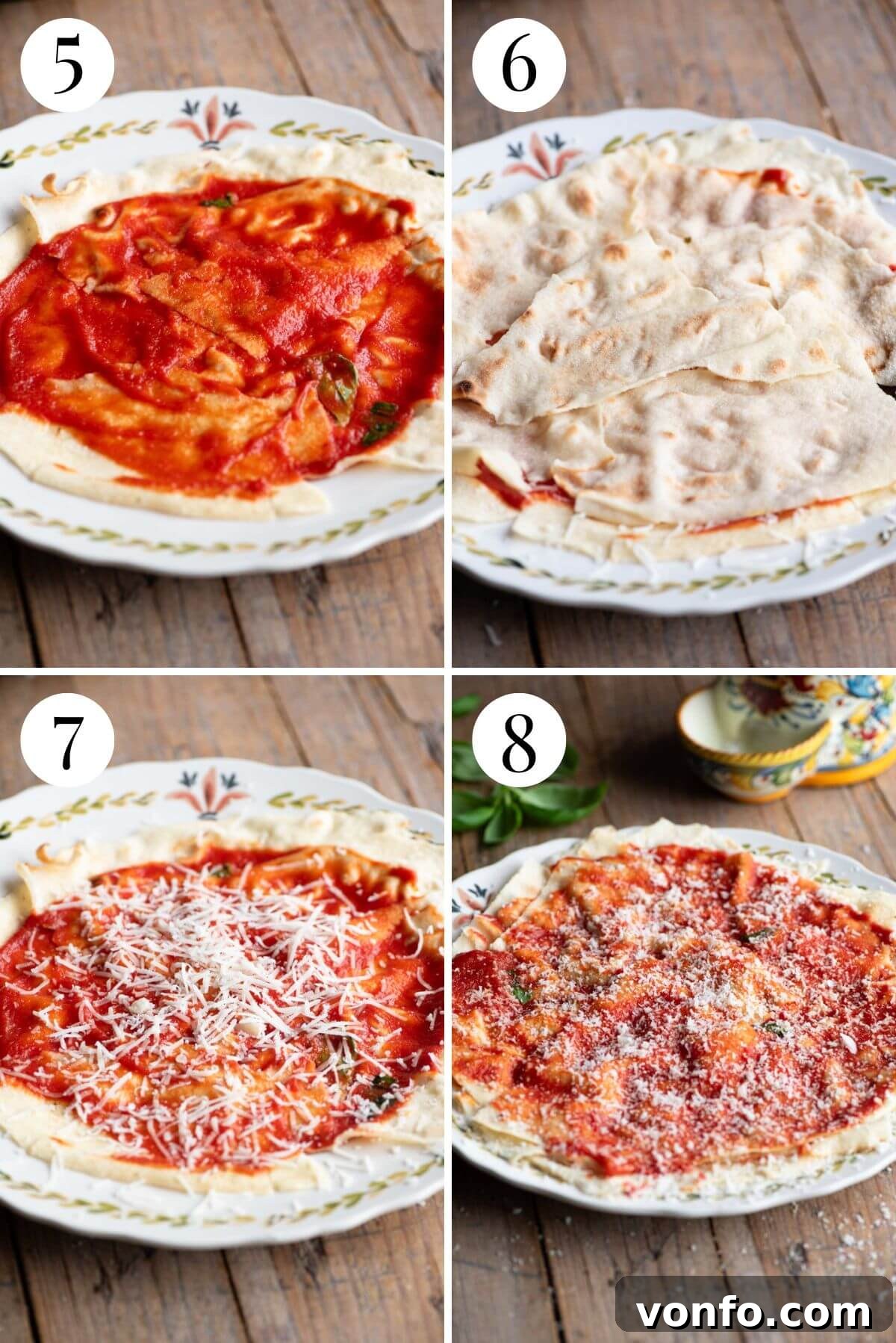 A four-panel collage illustrating the meticulous process of layering Pane Carasau with savory tomato sauce and rich Pecorino cheese to build the Pane Frattau.