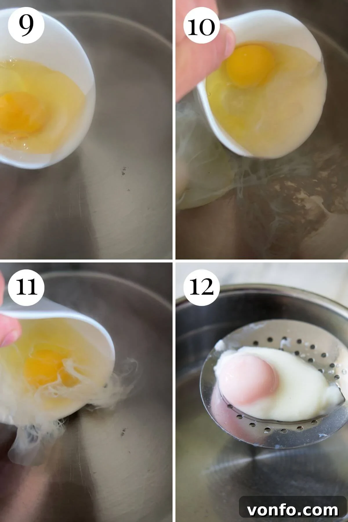 A four-panel collage demonstrating the precise technique for perfectly poaching eggs with clear, visible steps.