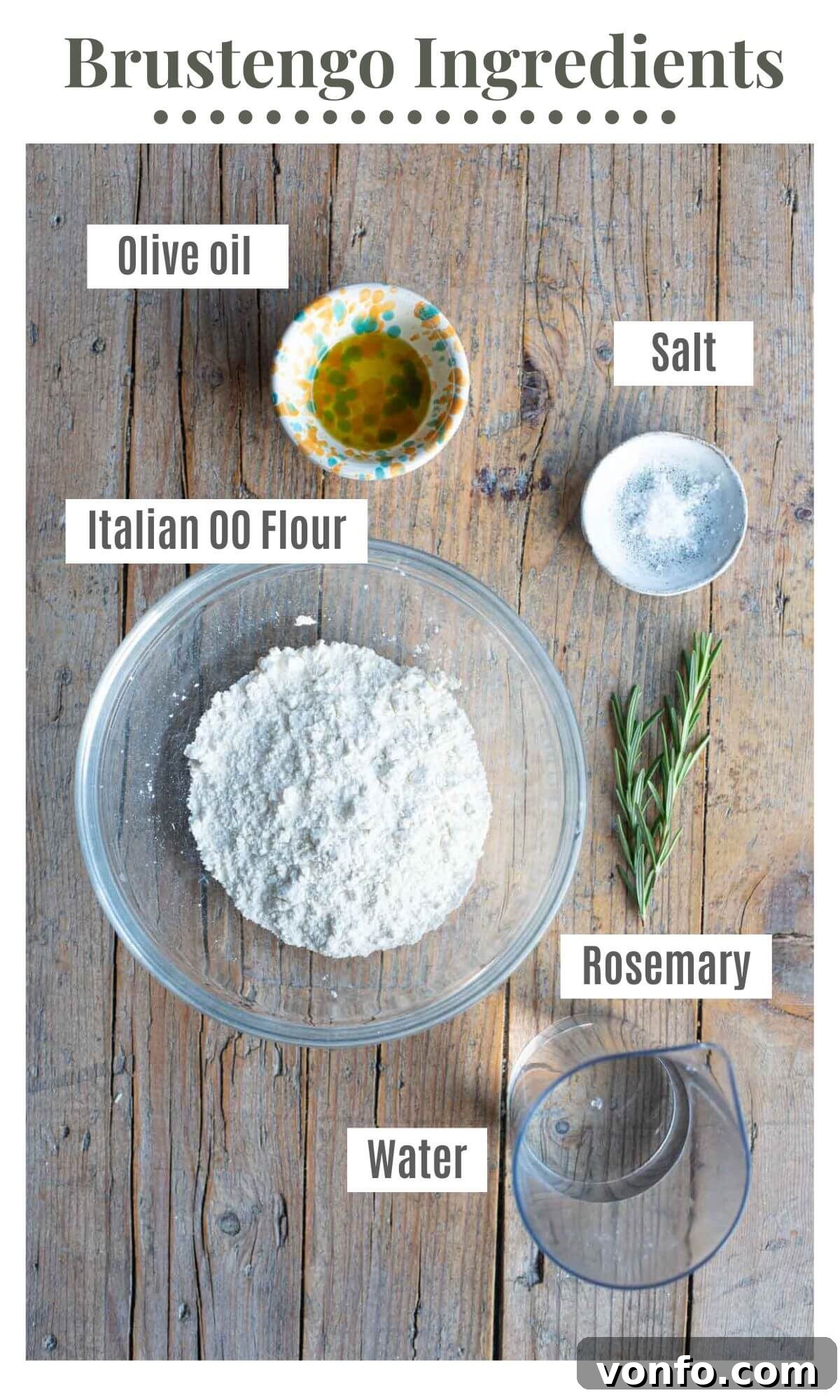 Brustengo Rustic Umbrian Flatbread 3 An overhead shot of all the simple ingredients needed to make Brustengo, including flour, water, fresh rosemary, and olive oil.