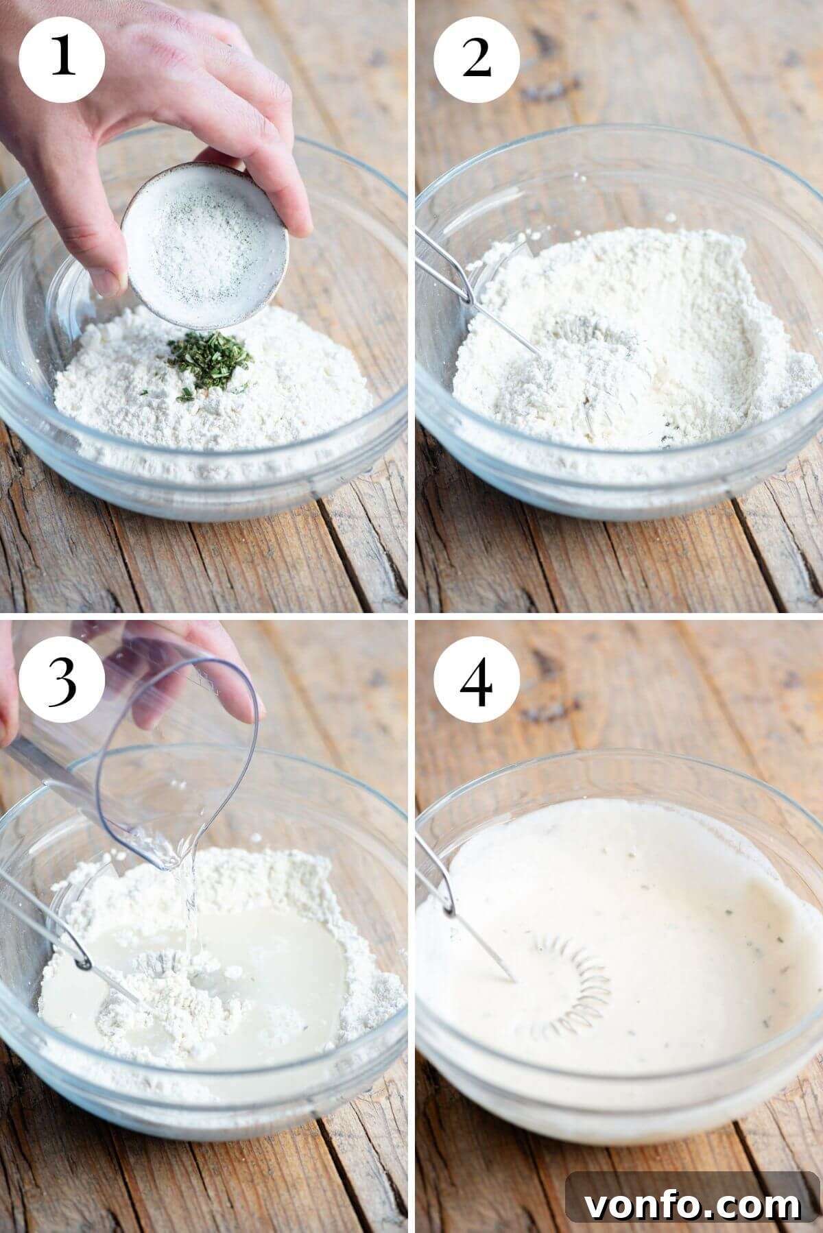 Brustengo Rustic Umbrian Flatbread 4 Four photos in a collage showing how to prepare Brustengo batter, from mixing dry ingredients to achieving a smooth consistency.