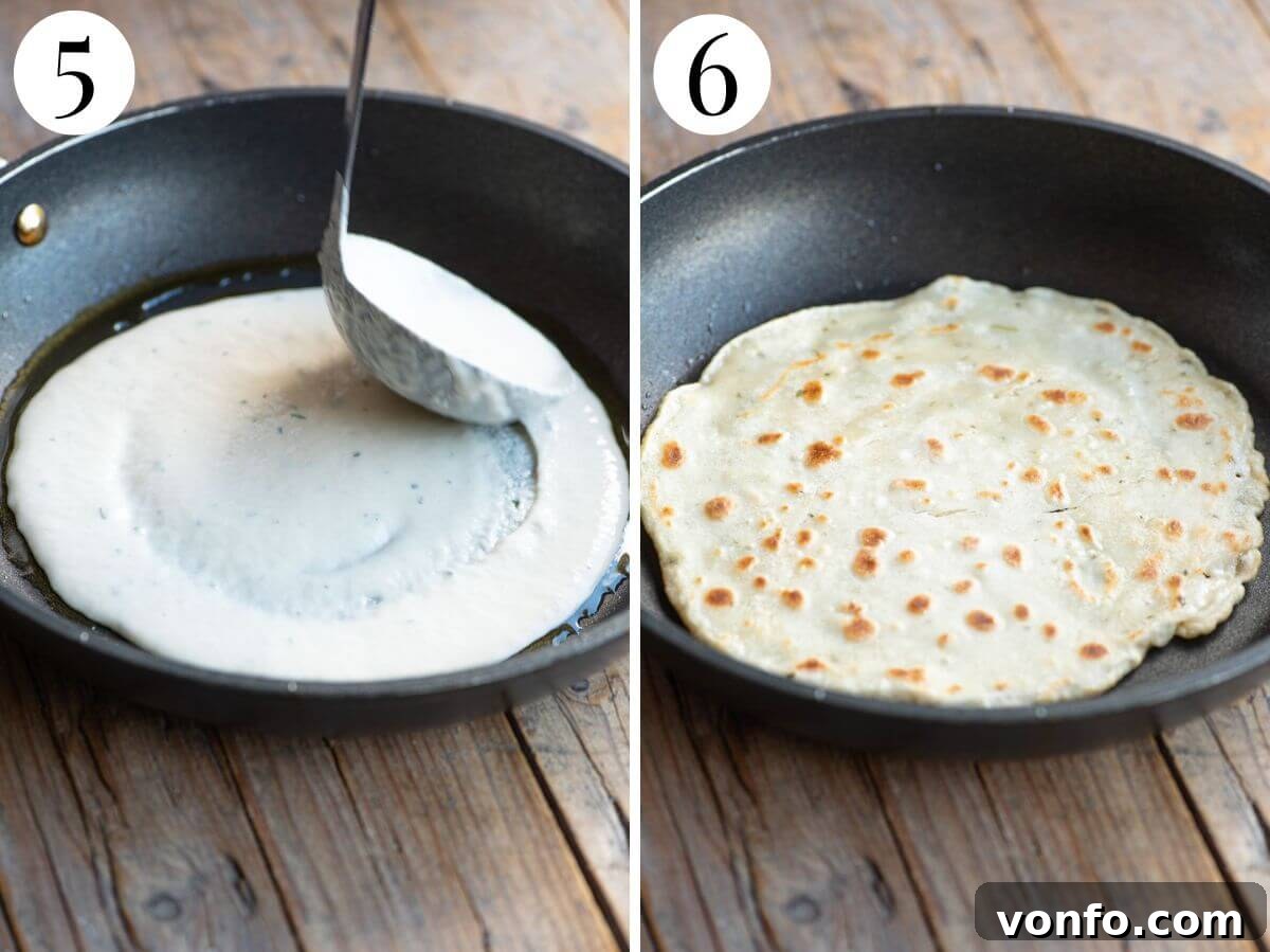 Brustengo Rustic Umbrian Flatbread 5 Two photos in a collage showing how to pour the Brustengo batter into a hot pan and spread it to form an Italian flatbread.