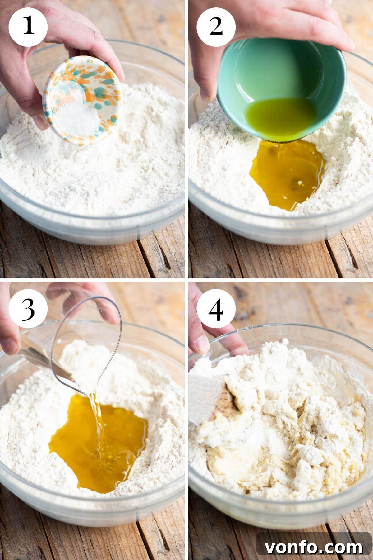 Abruzzo's Rustic Hearth Flatbread 4 Four photos in a collage showing how to make a rough dough with olive oil and white wine.
