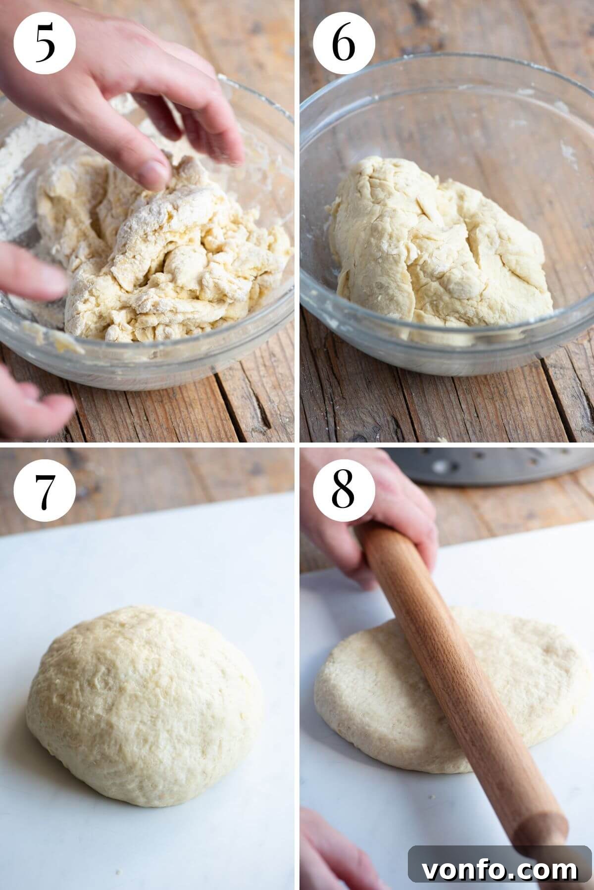 Abruzzo's Rustic Hearth Flatbread 5 Four photos in a collage showing how to knead and roll out the dough to make Pizza Scima.