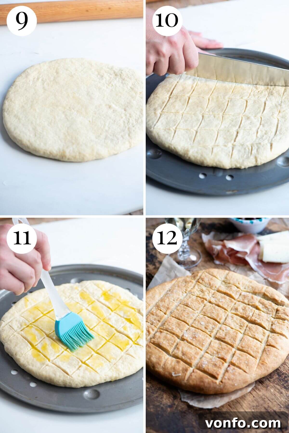 Abruzzo's Rustic Hearth Flatbread 6 Four photos in a collage showing how to score and bake Pizza Scima.