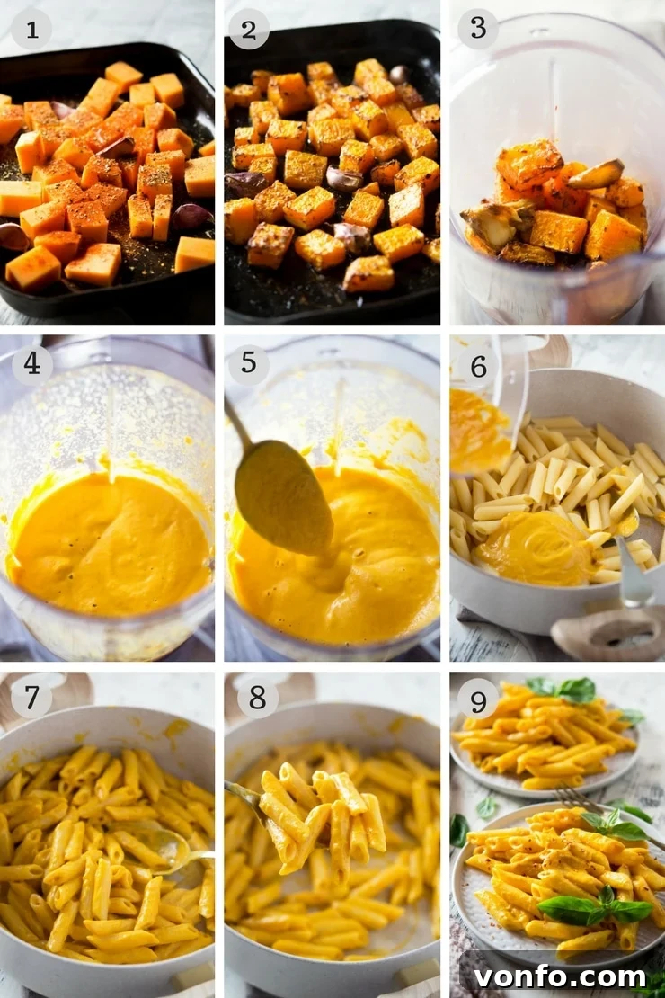 Butternut Squash Pasta Roasting Steps Two side-by-side photos showing the step-by-step process of preparing butternut squash pasta: one showing raw seasoned squash and garlic on a baking tray, and the other showing the roasted, tender squash and garlic.