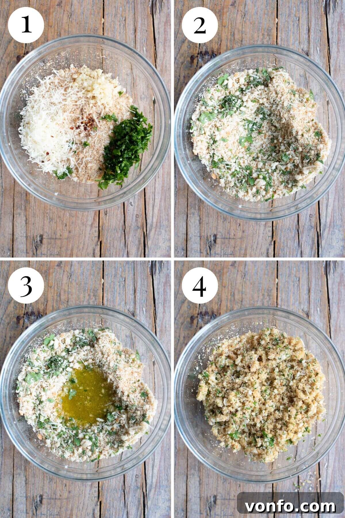 A four-photo collage demonstrating the initial steps of making Italian stuffed mussels: finely chopping parsley and garlic, mixing breadcrumbs, Pecorino, chili, parsley, and garlic in a bowl, showing the initial dry mixture.