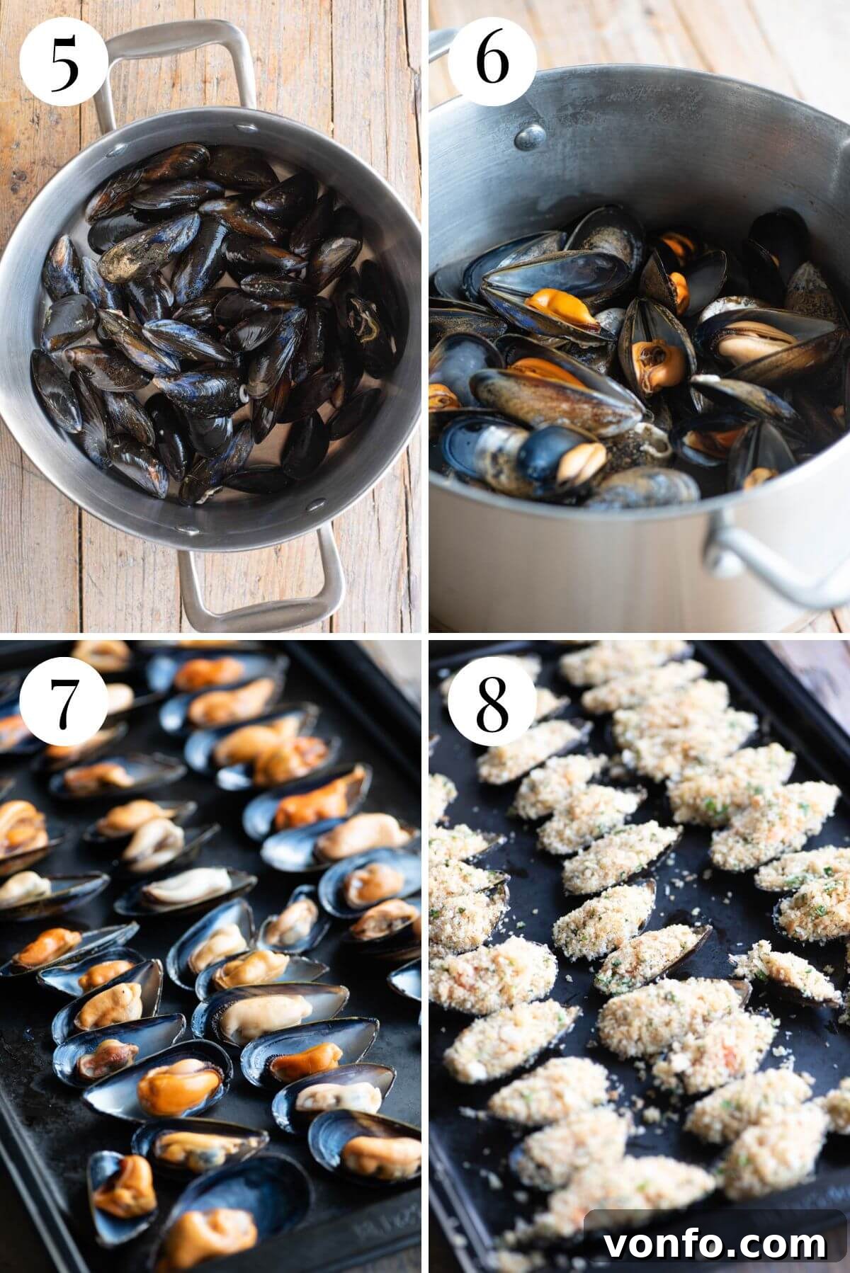A four-photo collage illustrating the process of stuffing and baking mussels: showing mussels steaming in a pot, removing an opened mussel, carefully spooning breadcrumb mixture into a half-shell, and arranged mussels on a baking tray before going into the oven.