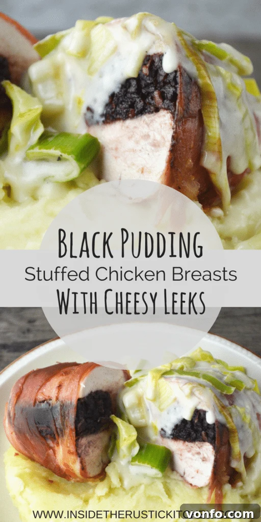 Black Pudding Stuffed Chicken Breasts with Cheesy Leeks, an ideal hearty meal for entertaining or family dinners