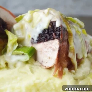 Finished Black Pudding Stuffed Chicken with Cheesy Leeks, ready to be served