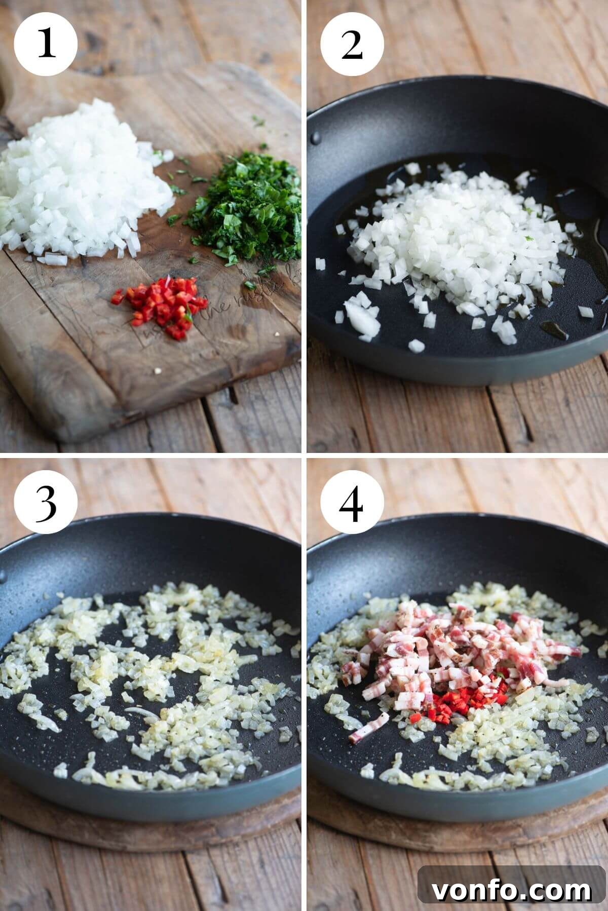 Spaghetti alla Molisana with Smoky Pancetta, Fresh Herbs, and Spicy Chili 4 Four photos in a collage showing how to prep onion and herbs and saute pancetta.