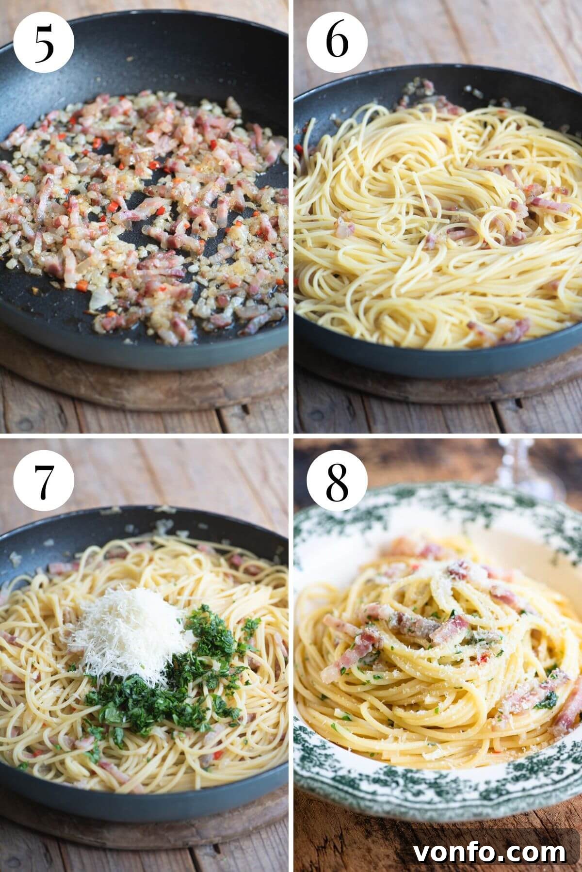 Spaghetti alla Molisana with Smoky Pancetta, Fresh Herbs, and Spicy Chili 5 Four photos in a collage showing how to finish making Spaghetti alla Molisana.