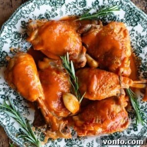 A close up cropped image of Italian braised chicken in a tomato sauce on a rustic plate with rosemary and garlic, ready to be served.