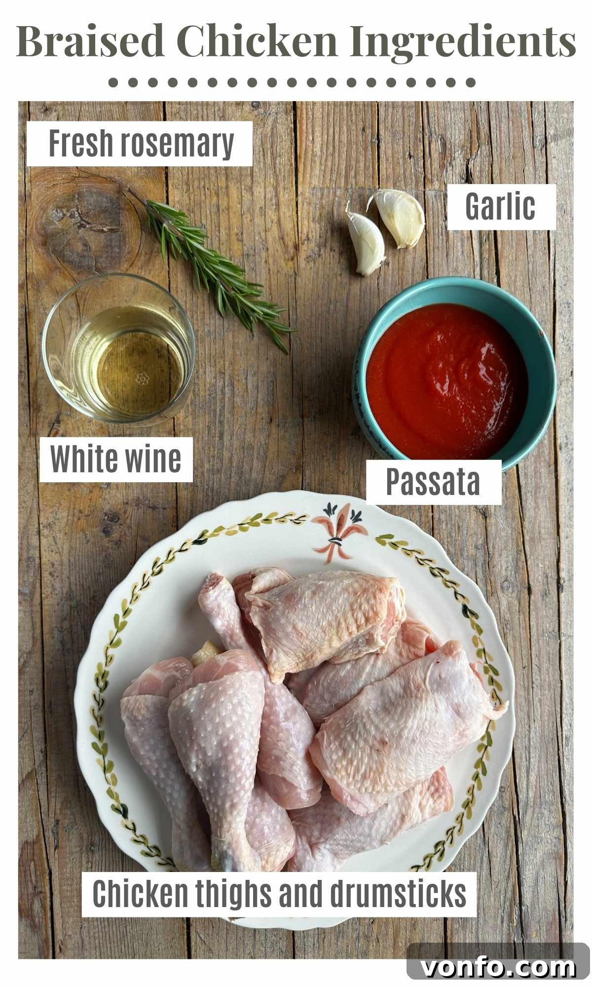 An overhead shot displaying all the fresh and pantry ingredients required to prepare Pollo in Potacchio, including chicken, garlic, rosemary, white wine, passata, and olive oil.