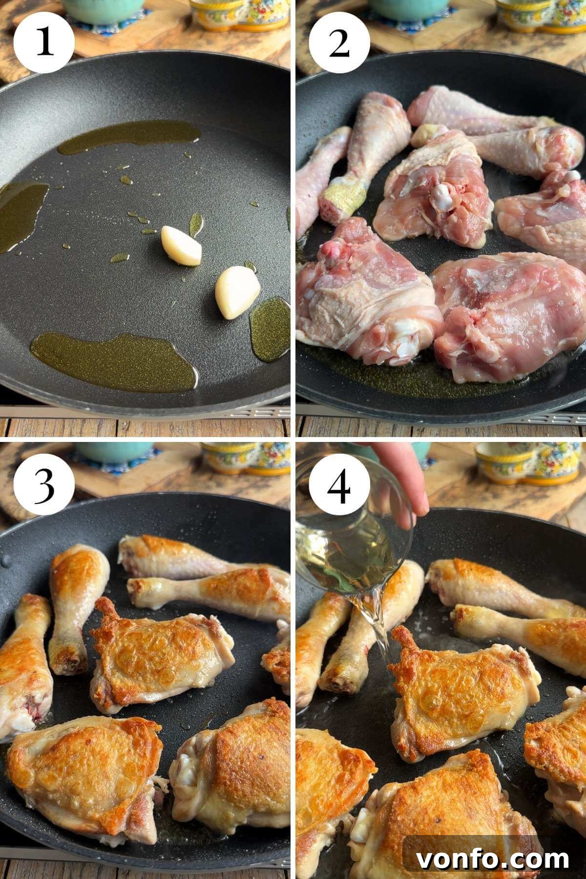 Four photos arranged in a collage, visually detailing the process of sautéing garlic until fragrant and subsequently browning chicken pieces to a golden crisp in a pan.