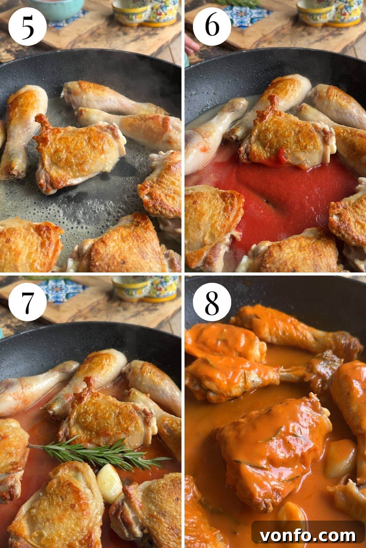 Four photos in a collage illustrating the process of adding white wine to deglaze, incorporating passata, and braising the chicken in the rich tomato sauce, covered with a lid.