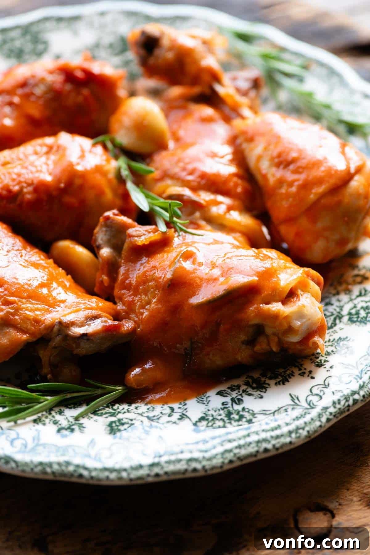 A close up side shot of a perfectly cooked chicken thigh in a rich, glossy tomato sauce (Pollo in Potacchio) resting on a green and white patterned plate, garnished with fresh rosemary.