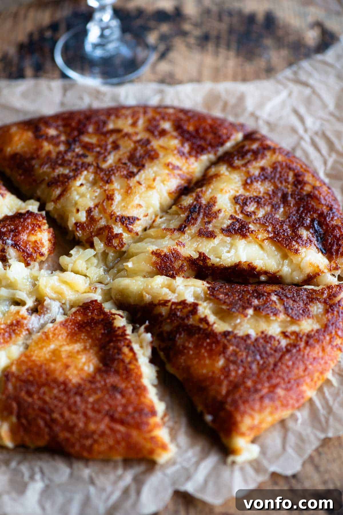 Frico Golden Cheesy Potato Onion Cake 2 Golden-brown Frico (fried cheese and potato cake) resting on a rustic wooden surface, perfectly cooked and ready to be served.
