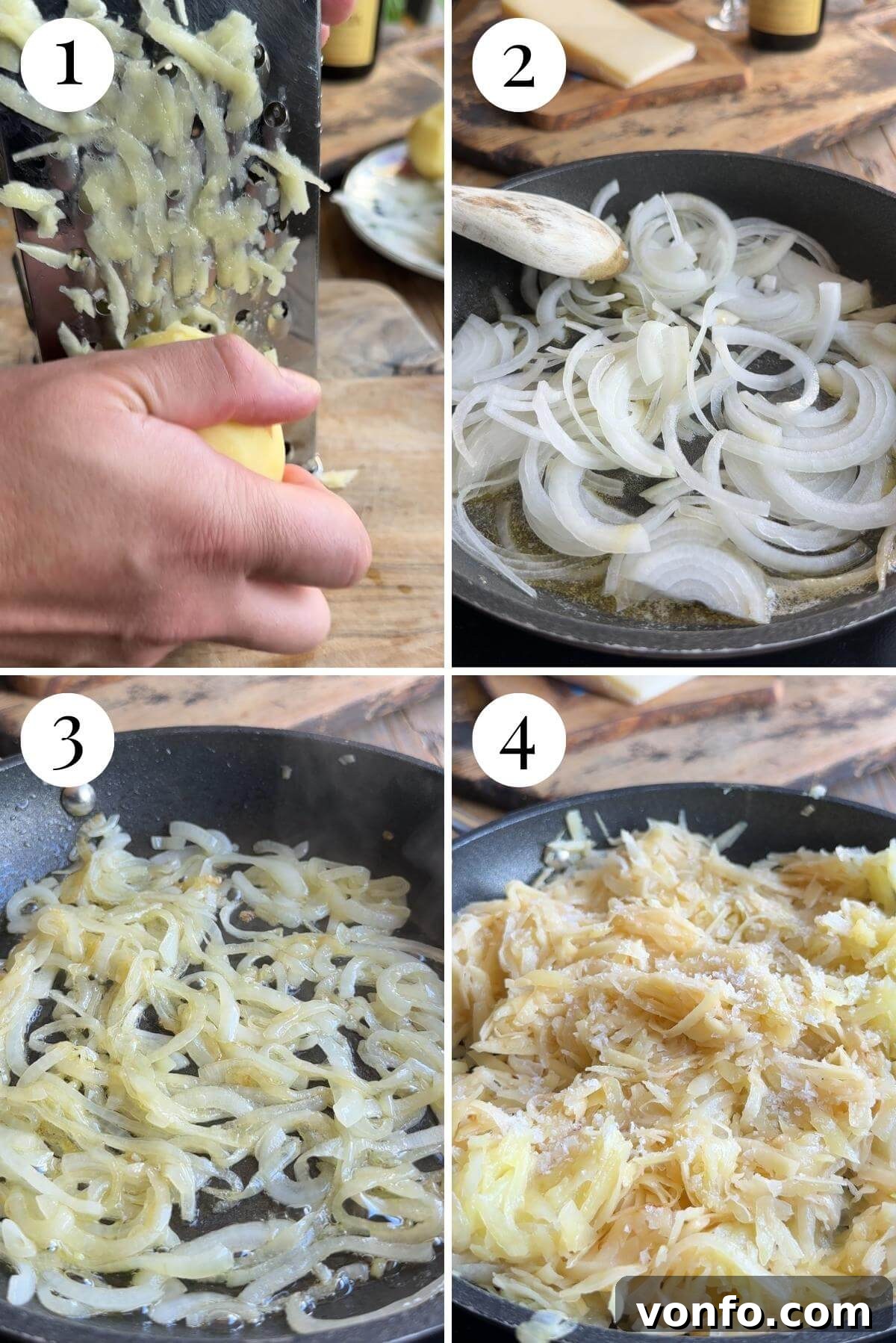 Frico Golden Cheesy Potato Onion Cake 4 A four-photo collage demonstrating the initial steps of Frico preparation, including grating potatoes and sautéing onions and potatoes in a pan.