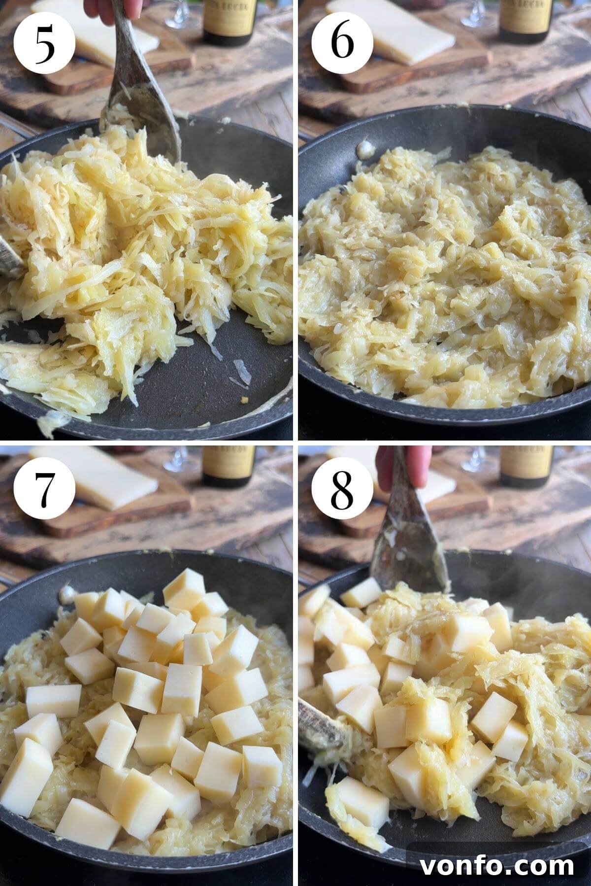 Frico Golden Cheesy Potato Onion Cake 5 A four-photo collage illustrating the making of a cheese, potato, and onion cake called Frico, showing the addition of cheese and initial pan-frying stages.