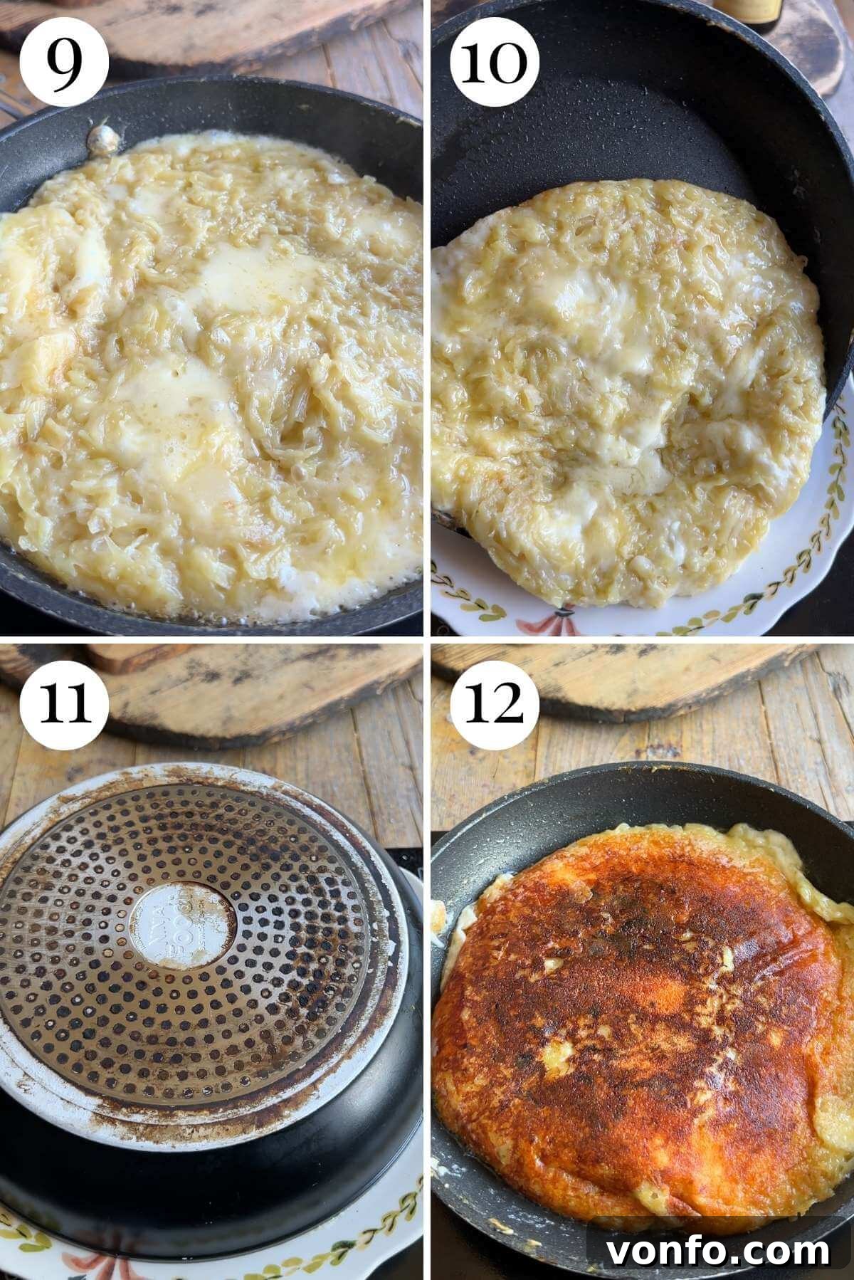 Frico Golden Cheesy Potato Onion Cake 6 A four-photo collage demonstrating the crucial step of flipping the Frico over to cook the other side, ensuring an even crisp.