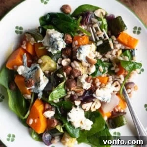An overhead close up of a butternut squash and farro salad.